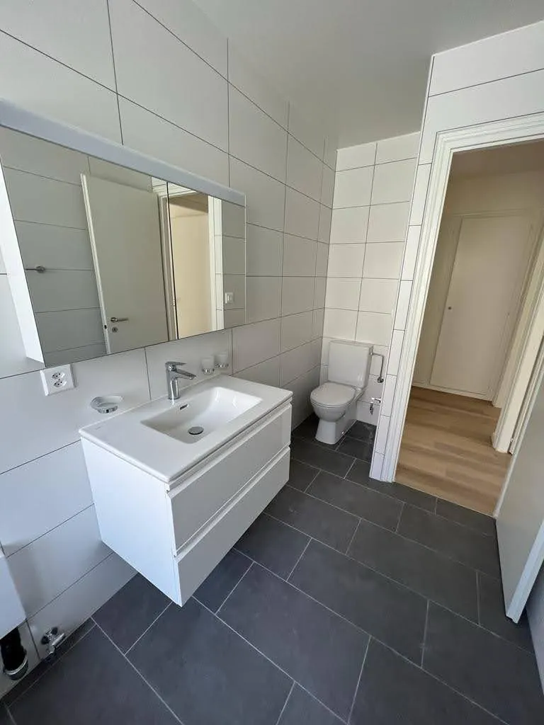 Salle de bains blanche avec meuble vasque et sol ardoise.